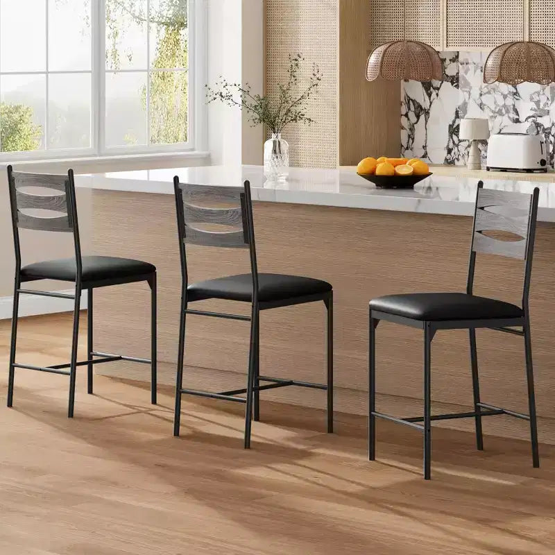 Lot de 2 tabourets de bar en bois, chaises de bar rembourrées en similicuir avec dossier et repose-pieds, tabourets de hauteur comptoir pour cuisine et bar