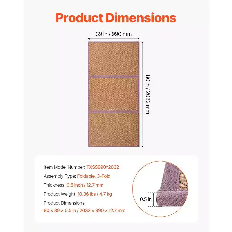 Japanische Tatami-Matte, 80 x 39 in, faltbare, handgeflochtene Tatami-Matte aus natürlichem Rattan, rutschfest und leicht zu reinigen, braun