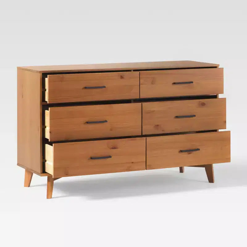 Cómoda moderna de madera maciza con 6 cajones y tiradores metálicos
