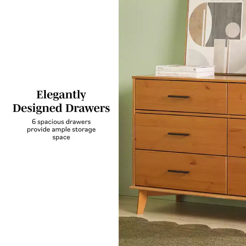 Cómoda moderna de madera maciza con 6 cajones y tiradores metálicos