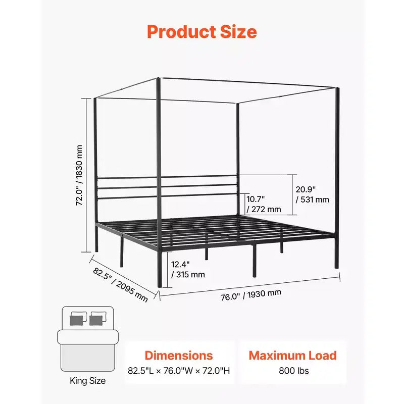 Himmelbettgestell in Kingsize, Metallbett mit Himmelbett-Design, robuste Stahlleisten als Stütze, Stauraum unter dem Bett, schwarz