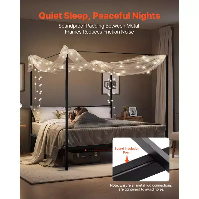 Himmelbettgestell in Kingsize, Metallbett mit Himmelbett-Design, robuste Stahlleisten als Stütze, Stauraum unter dem Bett, schwarz