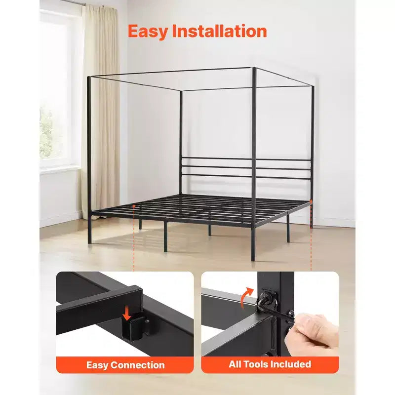 Himmelbettgestell in Kingsize, Metallbett mit Himmelbett-Design, robuste Stahlleisten als Stütze, Stauraum unter dem Bett, schwarz