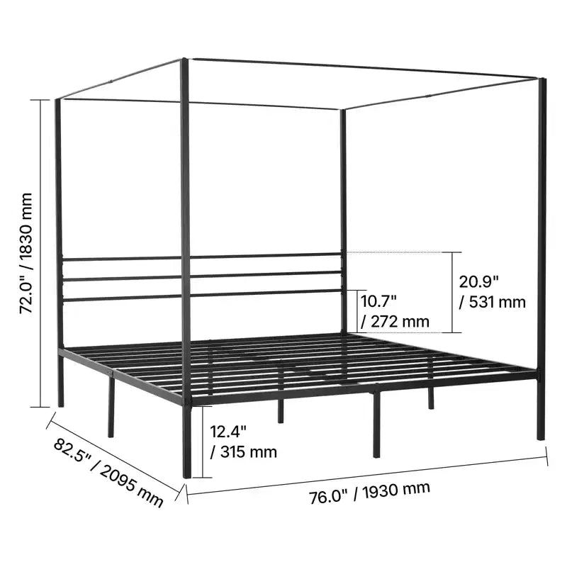 Himmelbettgestell in Kingsize, Metallbett mit Himmelbett-Design, robuste Stahlleisten als Stütze, Stauraum unter dem Bett, schwarz