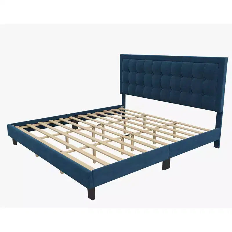 Plattformbett mit geräuschlosem Design und Holzlattenrost, Samt-Polsterbettgestell mit Knopfheftung am Kopfteil