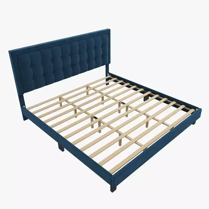 Plattformbett mit geräuschlosem Design und Holzlattenrost, Samt-Polsterbettgestell mit Knopfheftung am Kopfteil