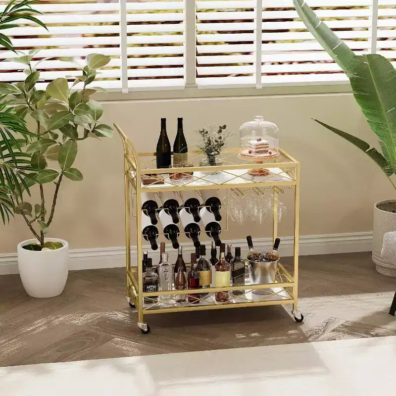 Acekool 2-Tier Bar Cart with Wine Racks and Glass Holders, Lockable Rolling Beverage Serving Cart for Kitchen Dining Living Room, Gold+White