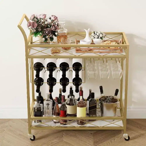 Desserte de bar à 2 niveaux avec porte-bouteilles et porte-verres, chariot de service à boissons roulant avec roues verrouillables pour cuisine, salle à manger et salon, or + blanc
