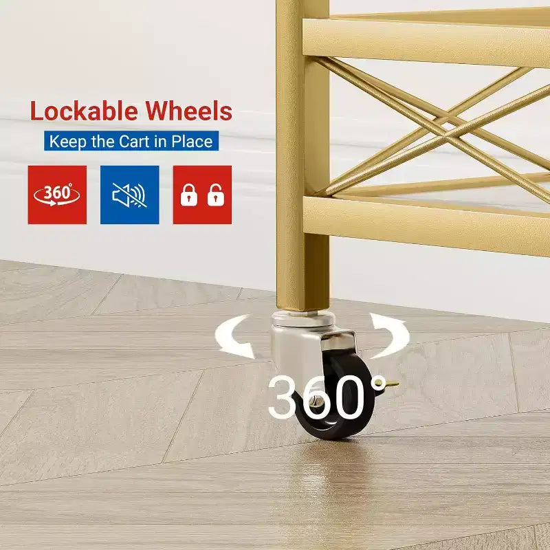 Servierwagen mit 2 Ebenen, Weinregalen und Glashaltern, abschließbarer Rollwagen für Getränke für Küche, Esszimmer und Wohnzimmer, Gold+Weiß