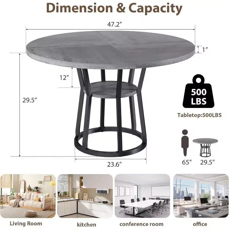 Table à manger ronde pour 4 à 6 personnes, table de cuisine de style champêtre de 47.2 avec rangement, tables rondes pour cuisine, salle à manger et salon