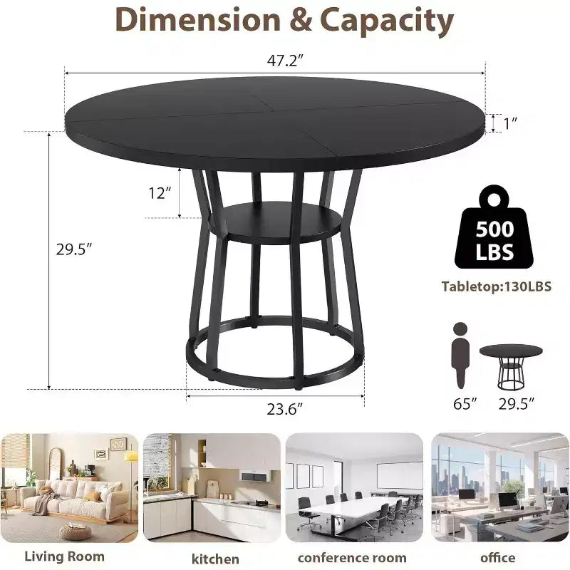 Table à manger ronde pour 4 à 6 personnes, table de cuisine de style champêtre de 47.2 avec rangement, tables rondes pour cuisine, salle à manger et salon