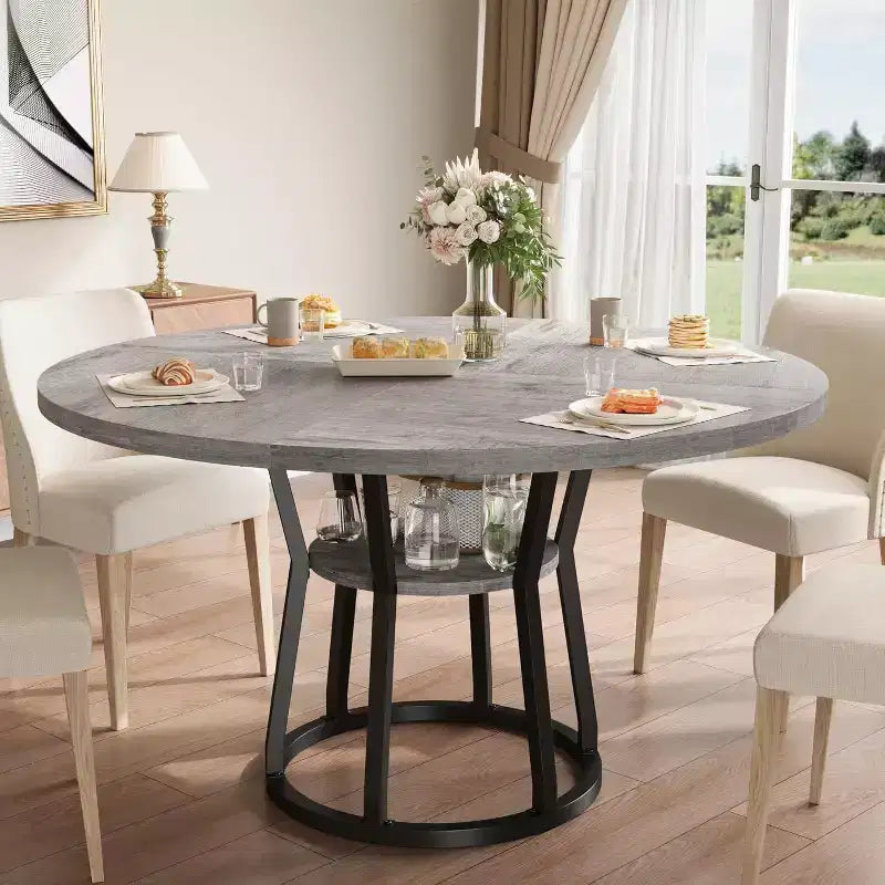 Table à manger ronde pour 4 à 6 personnes, table de cuisine de style champêtre de 47.2 avec rangement, tables rondes pour cuisine, salle à manger et salon
