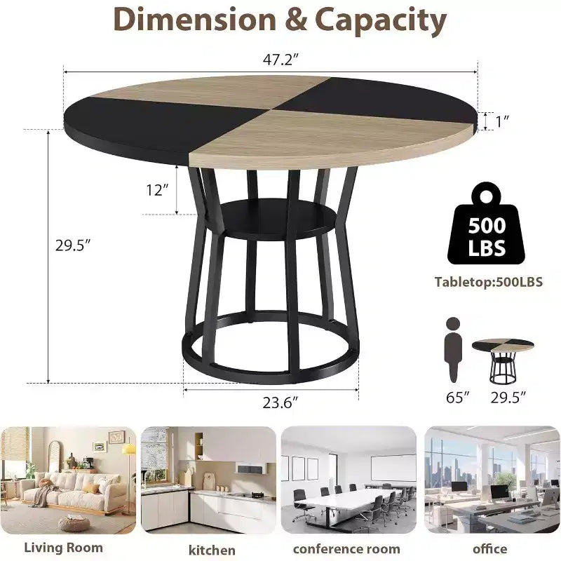Table à manger ronde pour 4 à 6 personnes, table de cuisine de style champêtre de 47.2 avec rangement, tables rondes pour cuisine, salle à manger et salon