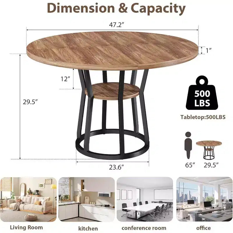 Table à manger ronde pour 4 à 6 personnes, table de cuisine de style champêtre de 47.2 avec rangement, tables rondes pour cuisine, salle à manger et salon
