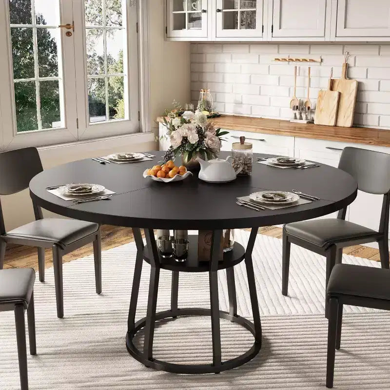 Round Dining Table for 4-6, 47.2 Farmhouse Kitchen Table with Storage, Circle Dinner Tables for Kitchen, Dining Room, Living Room