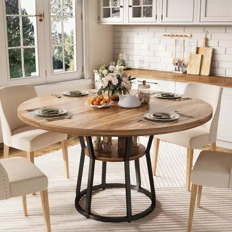 Table à manger ronde pour 4 à 6 personnes, table de cuisine de style champêtre de 47.2 avec rangement, tables rondes pour cuisine, salle à manger et salon