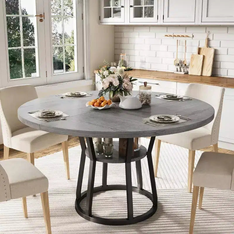 Table à manger ronde pour 4 à 6 personnes, table de cuisine de style champêtre de 47.2 avec rangement, tables rondes pour cuisine, salle à manger et salon