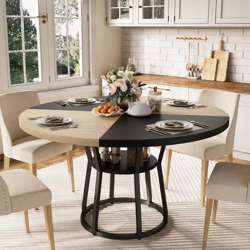 Table à manger ronde pour 4 à 6 personnes, table de cuisine de style champêtre de 47.2 avec rangement, tables rondes pour cuisine, salle à manger et salon