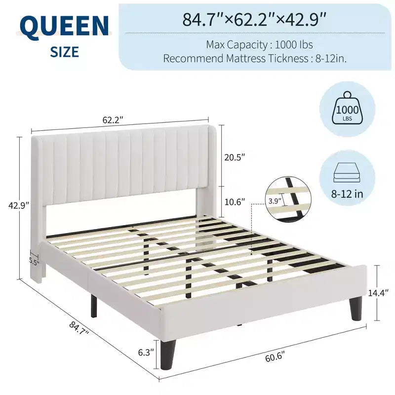 Bettgestell mit Holzlattenrost, gepolstertes Plattformbett mit Ohrensessel-Kopfteil, geräuschlos, kein Boxspringbett erforderlich
