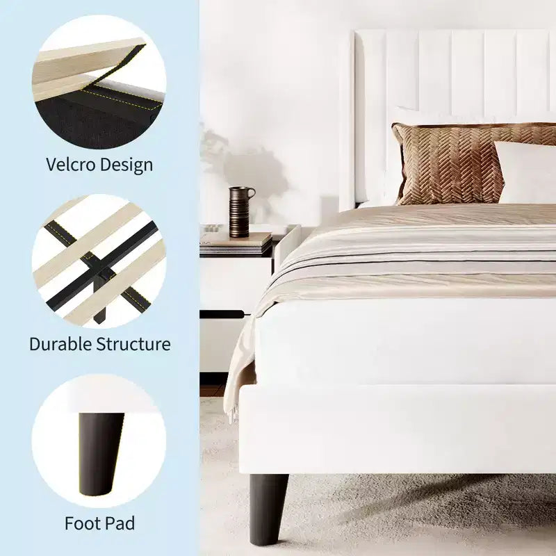 Estructura de cama con soporte de listones de madera, cama de plataforma tapizada con cabecero con alas, diseño silencioso, no necesita somier