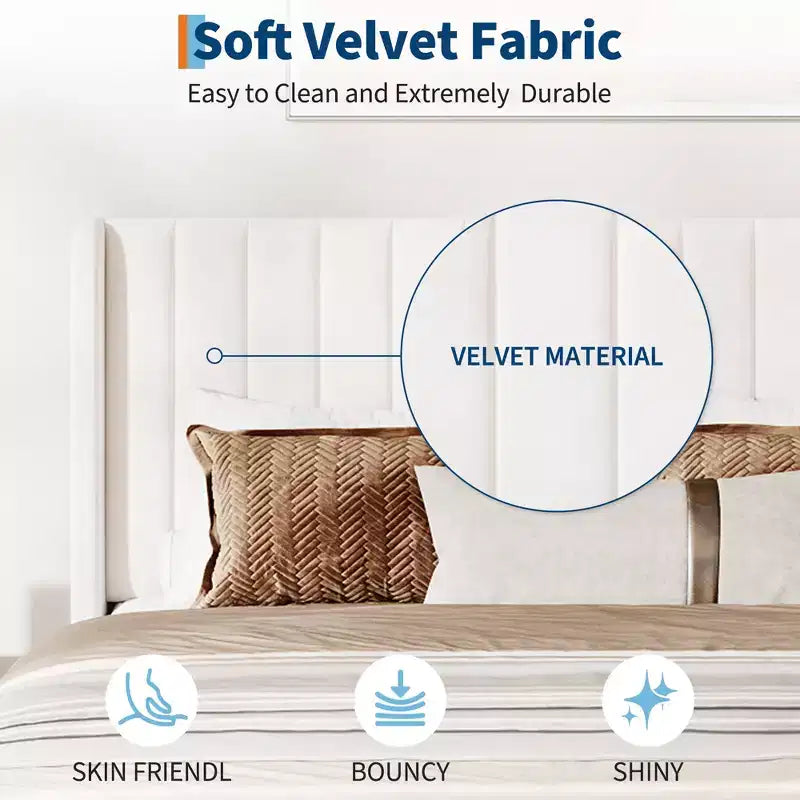 Estructura de cama con soporte de listones de madera, cama de plataforma tapizada con cabecero con alas, diseño silencioso, no necesita somier
