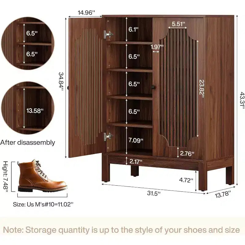 Schuhschrank mit Türen, Schuhregal mit 6 Ebenen und verstellbaren Ablagen, für Eingangsbereich und Wohnzimmer, Walnussbraun (für 20 Paar Schuhe)