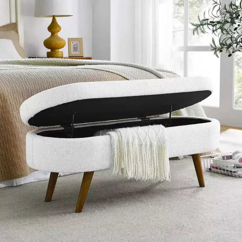 Banc de chambre de 43.5, banc de bout de lit avec rangement, banquette d’entrée rembourrée en tissu de lin avec pieds en bois, pouf et bancs de rangement pour le salon