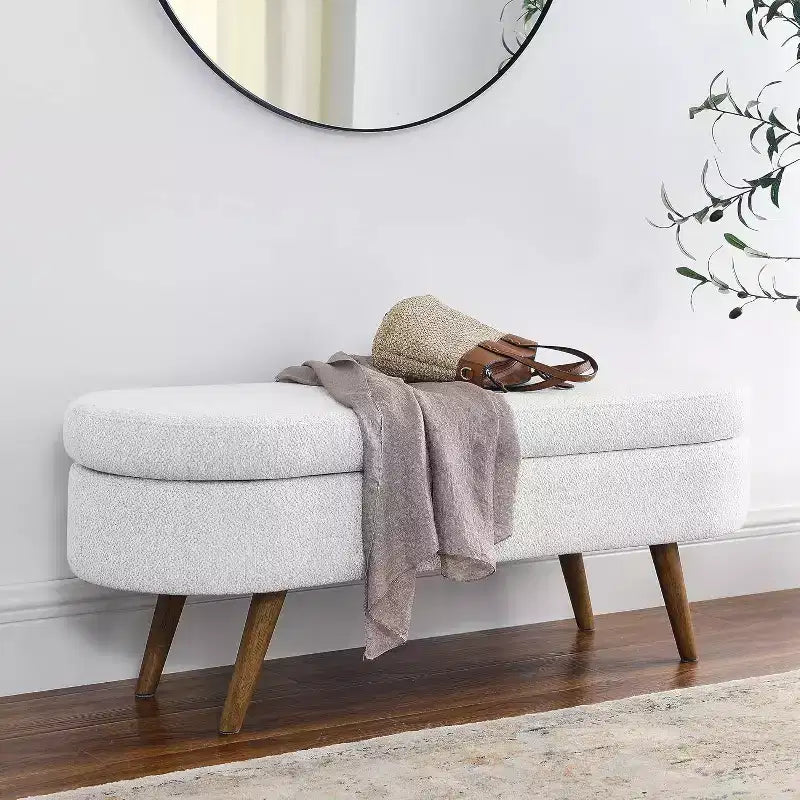 Banco de dormitorio de 43.5, banco para los pies de la cama con almacenamiento, bancos de entrada tapizados en tela de lino con patas de madera, otomanas con almacenamiento para la sala de estar