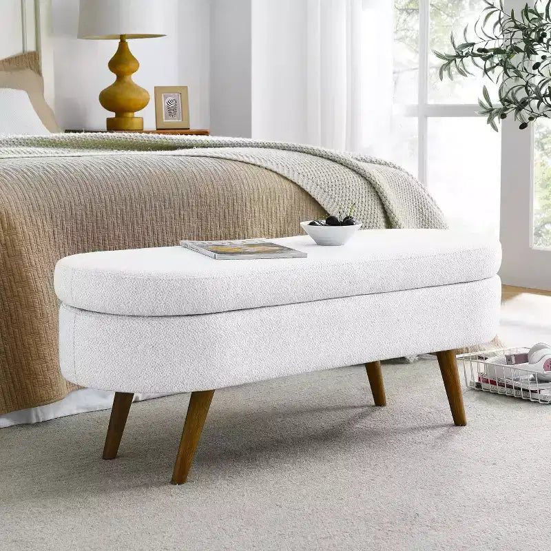 Banco de dormitorio de 43.5, banco para los pies de la cama con almacenamiento, bancos de entrada tapizados en tela de lino con patas de madera, otomanas con almacenamiento para la sala de estar