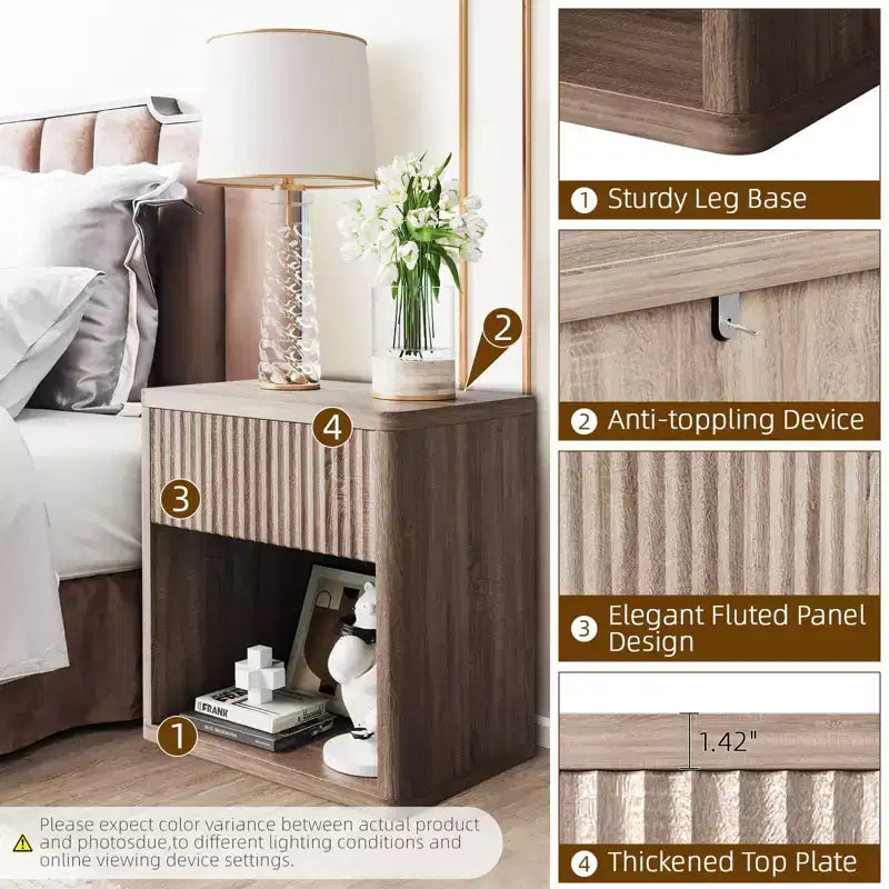 Nachttisch, modernes 2er-Set mit Schublade - geriffeltes Holz im Mid-Century-Stil für Schlafzimmer, Wohnzimmer und neben dem Sofa