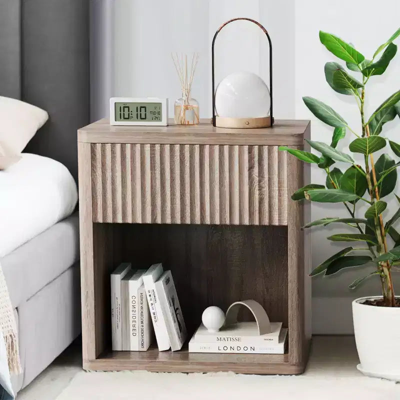 Lot de 2 tables de chevet modernes avec tiroir, en bois cannelé de style mi-siècle, pour chambre et salon