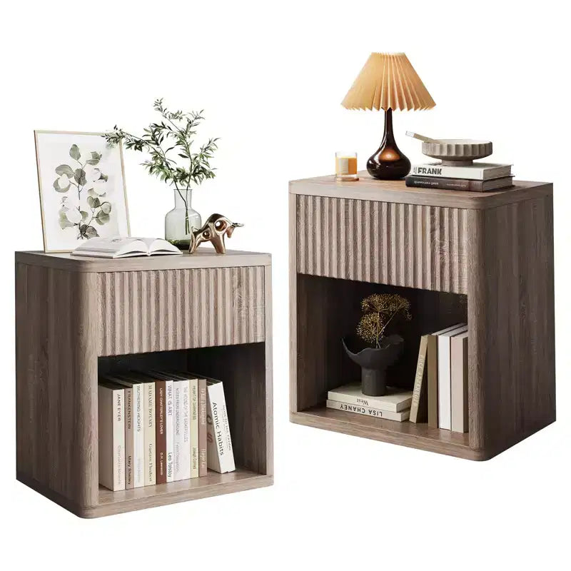 Nachttisch, modernes 2er-Set mit Schublade - geriffeltes Holz im Mid-Century-Stil für Schlafzimmer, Wohnzimmer und neben dem Sofa
