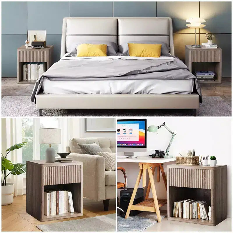 Nachttisch, modernes 2er-Set mit Schublade - geriffeltes Holz im Mid-Century-Stil für Schlafzimmer, Wohnzimmer und neben dem Sofa
