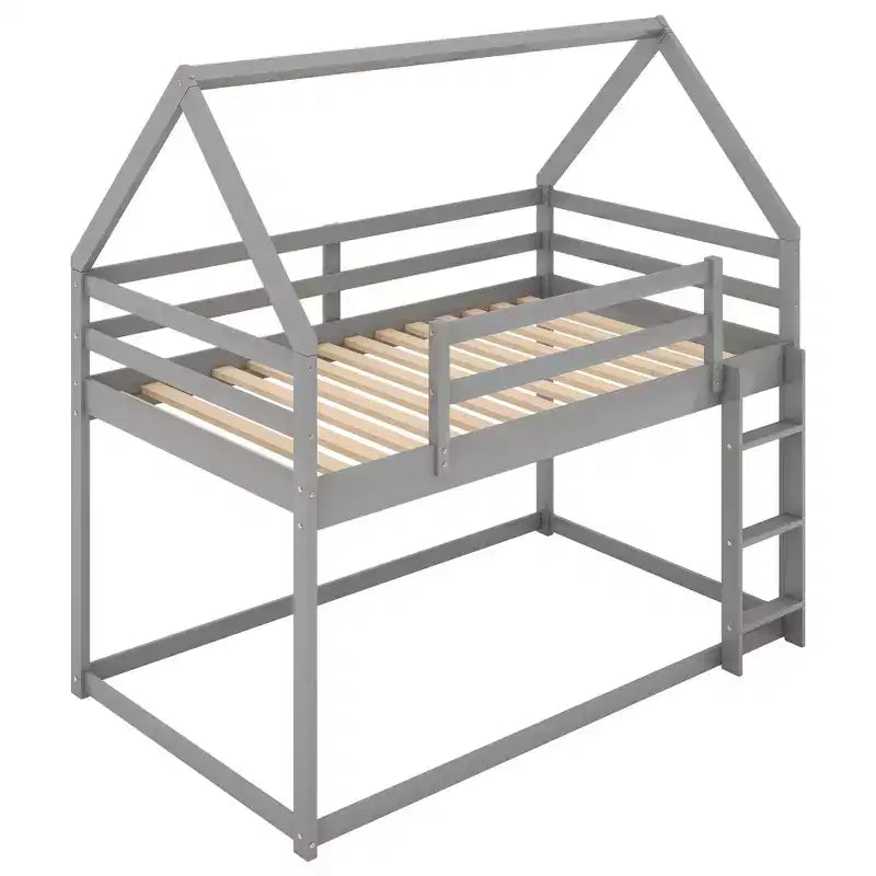 Lit superposé bas 1 place sur 1 place, cadre en bois en forme de maison avec toit, lit superposé au sol pour enfants et adolescents