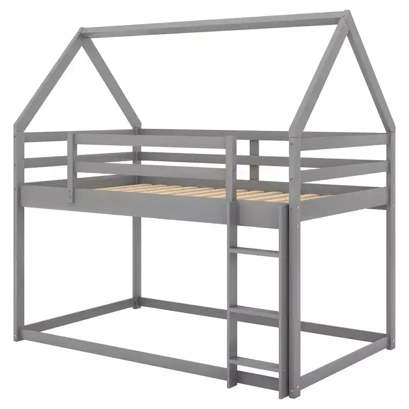 Lit superposé bas 1 place sur 1 place, cadre en bois en forme de maison avec toit, lit superposé au sol pour enfants et adolescents