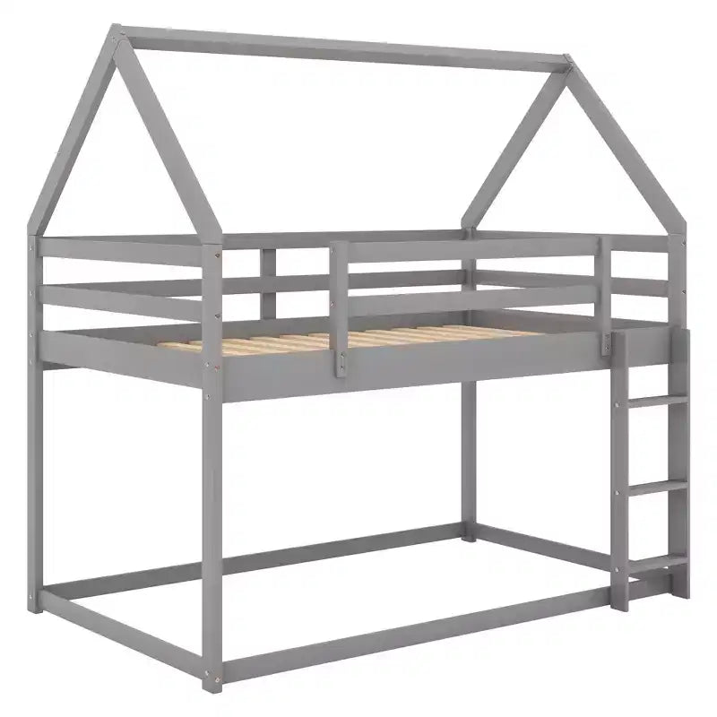 Lit superposé bas 1 place sur 1 place, cadre en bois en forme de maison avec toit, lit superposé au sol pour enfants et adolescents