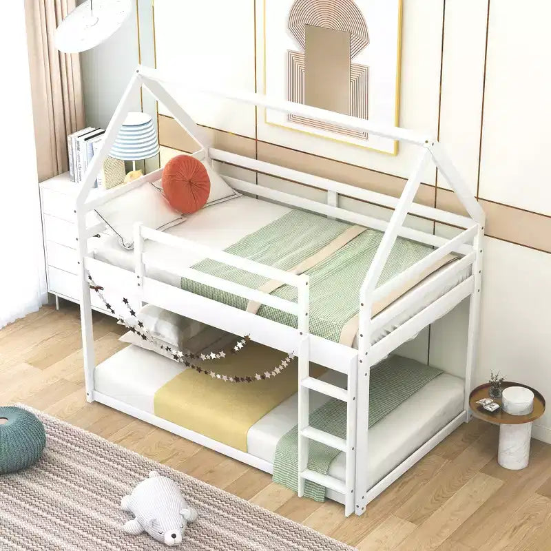 Lit superposé bas 1 place sur 1 place, cadre en bois en forme de maison avec toit, lit superposé au sol pour enfants et adolescents