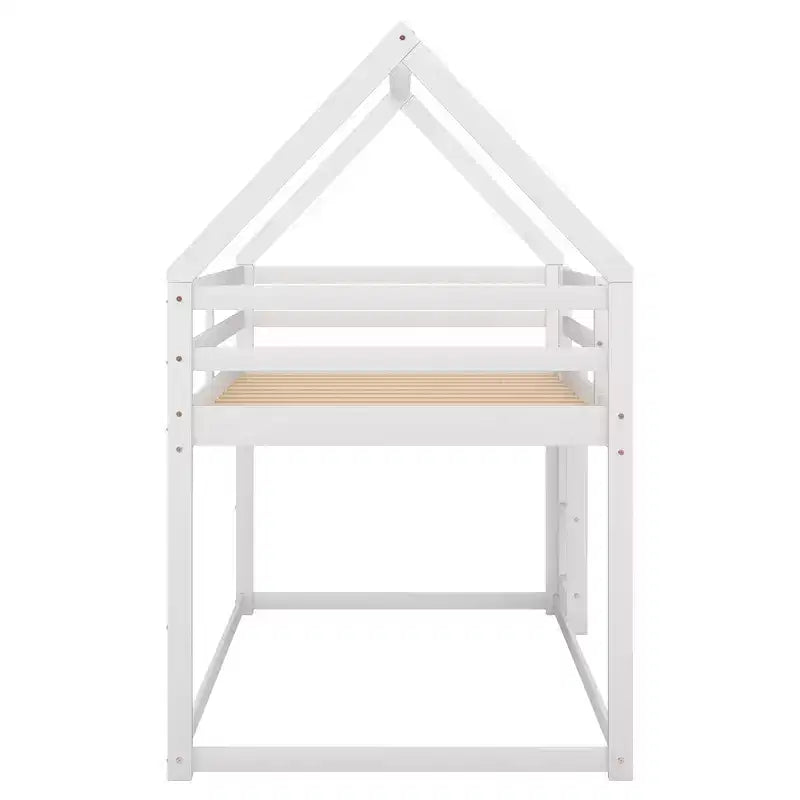 Lit superposé bas 1 place sur 1 place, cadre en bois en forme de maison avec toit, lit superposé au sol pour enfants et adolescents
