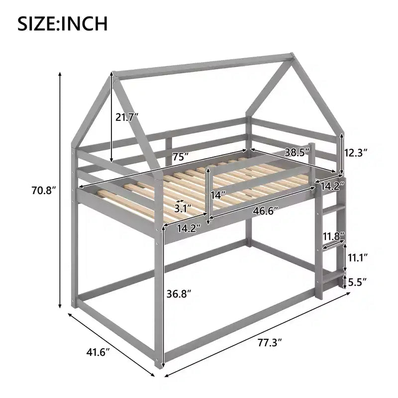 Lit superposé bas 1 place sur 1 place, cadre en bois en forme de maison avec toit, lit superposé au sol pour enfants et adolescents