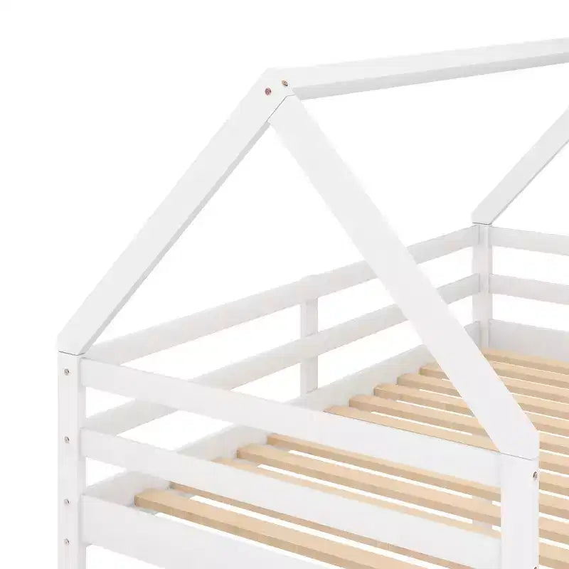 Lit superposé bas 1 place sur 1 place, cadre en bois en forme de maison avec toit, lit superposé au sol pour enfants et adolescents