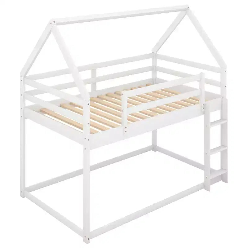 Lit superposé bas 1 place sur 1 place, cadre en bois en forme de maison avec toit, lit superposé au sol pour enfants et adolescents