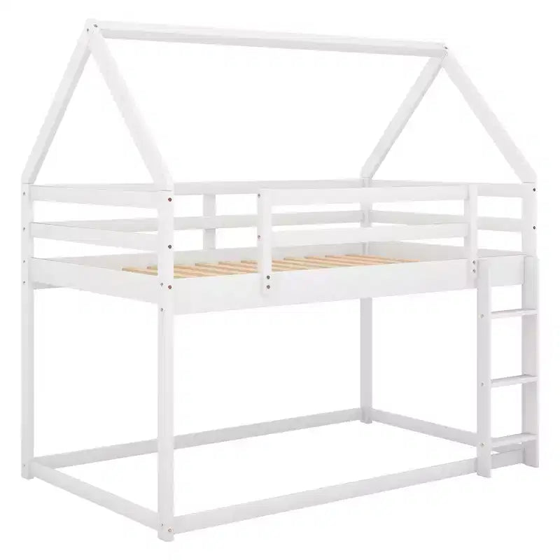 Lit superposé bas 1 place sur 1 place, cadre en bois en forme de maison avec toit, lit superposé au sol pour enfants et adolescents