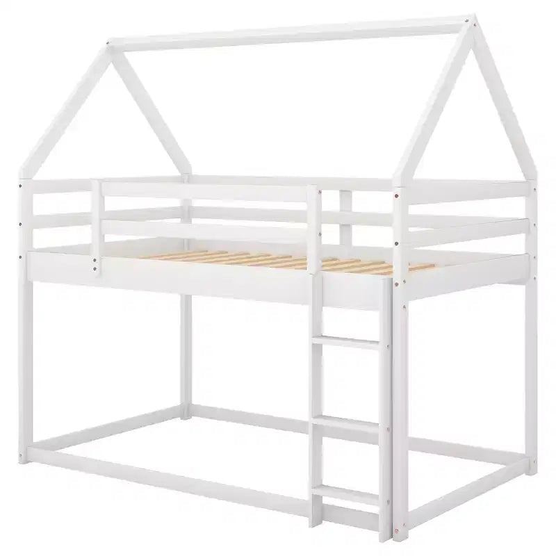 Lit superposé bas 1 place sur 1 place, cadre en bois en forme de maison avec toit, lit superposé au sol pour enfants et adolescents