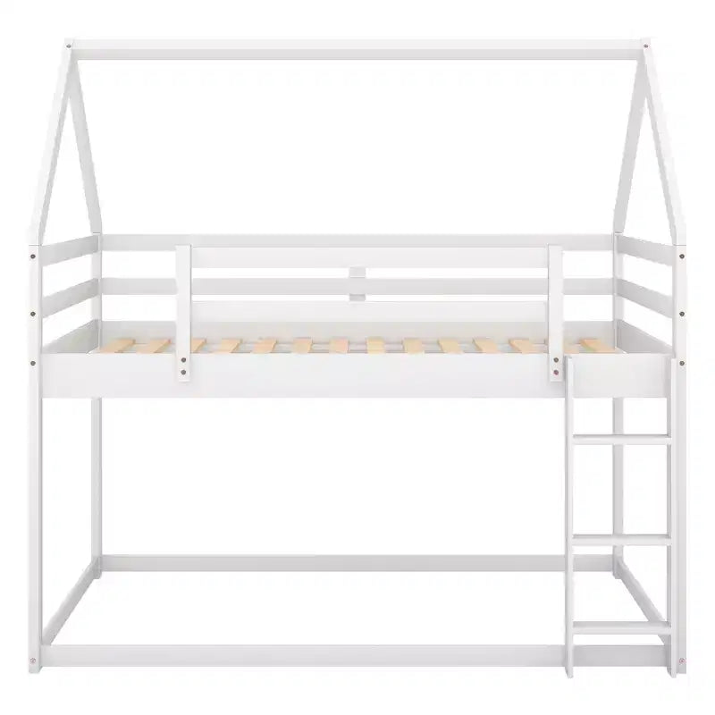Lit superposé bas 1 place sur 1 place, cadre en bois en forme de maison avec toit, lit superposé au sol pour enfants et adolescents