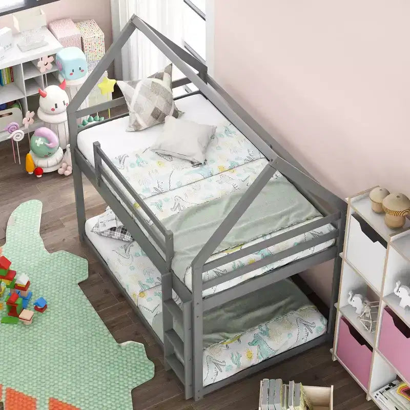 Lit superposé bas 1 place sur 1 place, cadre en bois en forme de maison avec toit, lit superposé au sol pour enfants et adolescents