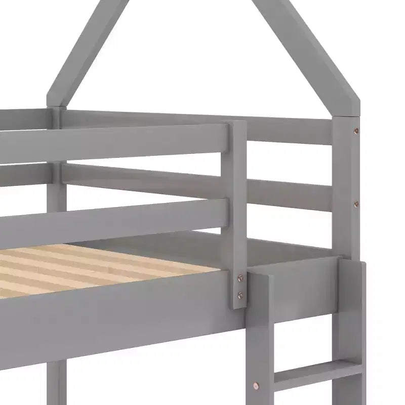 Lit superposé bas 1 place sur 1 place, cadre en bois en forme de maison avec toit, lit superposé au sol pour enfants et adolescents