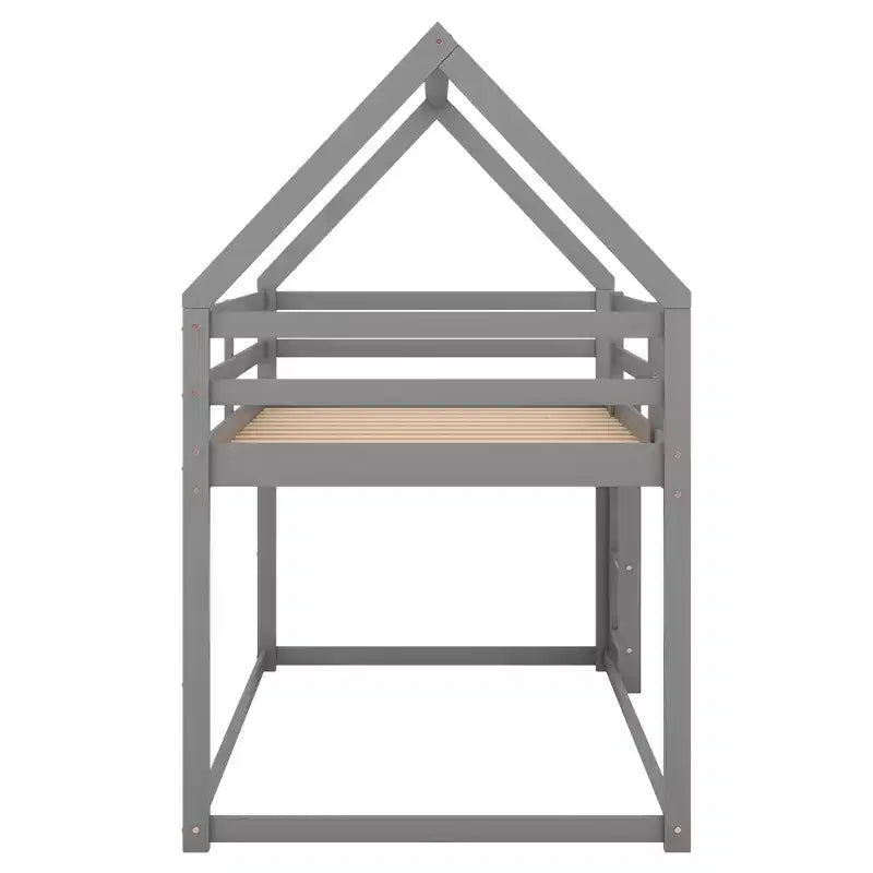 Lit superposé bas 1 place sur 1 place, cadre en bois en forme de maison avec toit, lit superposé au sol pour enfants et adolescents