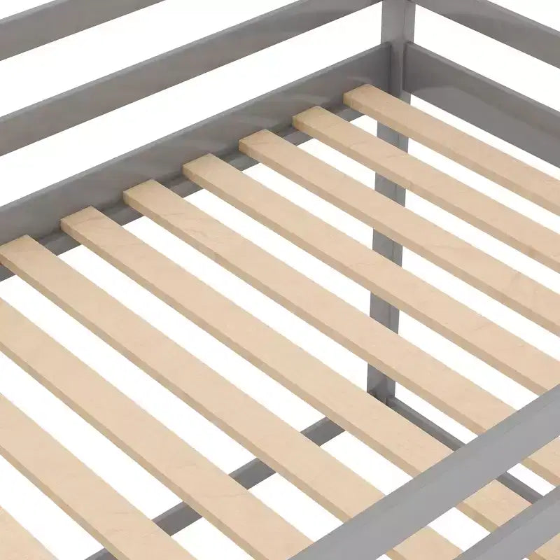 Lit superposé bas 1 place sur 1 place, cadre en bois en forme de maison avec toit, lit superposé au sol pour enfants et adolescents