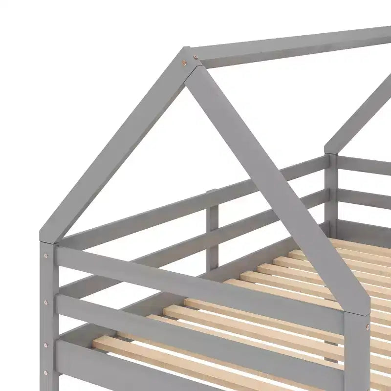 Lit superposé bas 1 place sur 1 place, cadre en bois en forme de maison avec toit, lit superposé au sol pour enfants et adolescents
