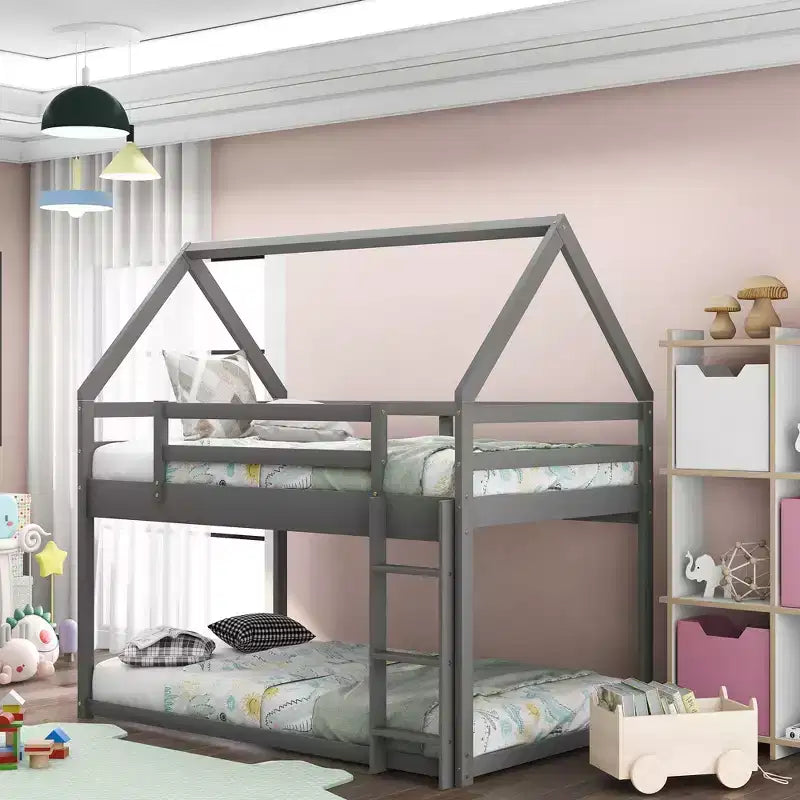 Twin over Twin Low Bunk Bed, Wood House Bunk Bed Frame with Roofs, Floor Bunk Bed for Kids Teens